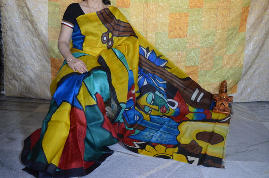 Blue Yellow Pure Silk Mark Certified Murshidabad Silk Sarees - Dailybuyys