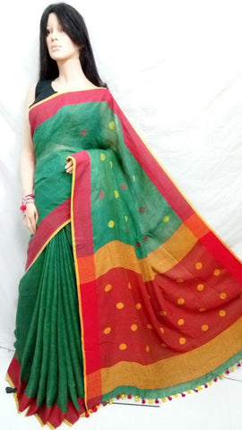 Green Red Pure Linen Sarees