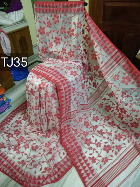 White Red Jamdani Sarees - Dailybuyys