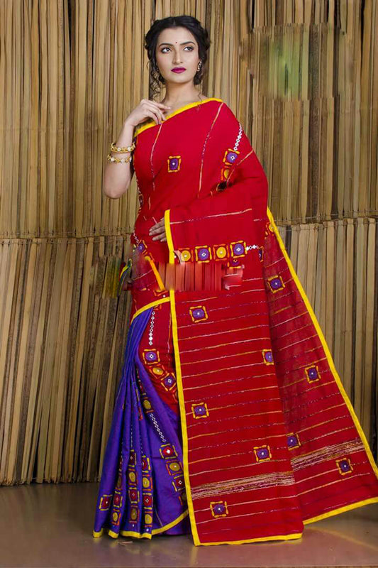 Red Blue Pure Cotton Khesh Sarees - Dailybuyys