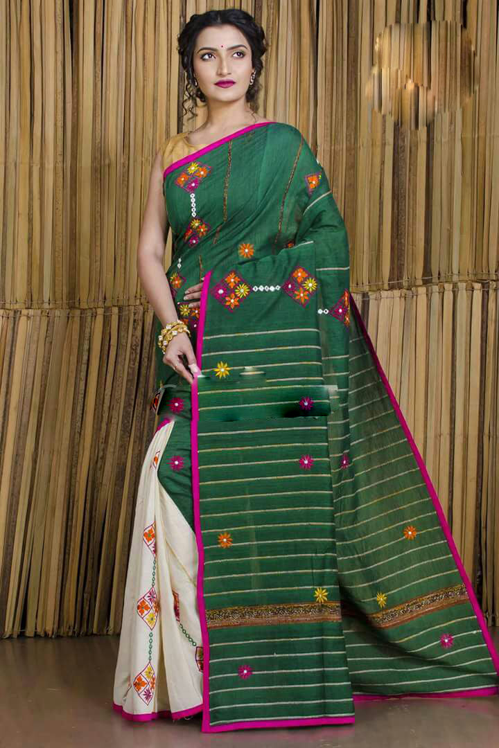 Green White Pure Cotton Khesh Sarees - Dailybuyys