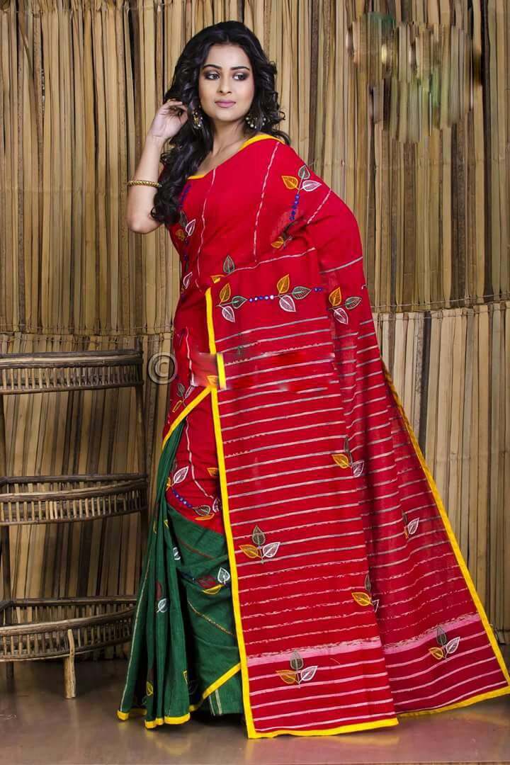 Red Green Pure Cotton Khesh Sarees - Dailybuyys