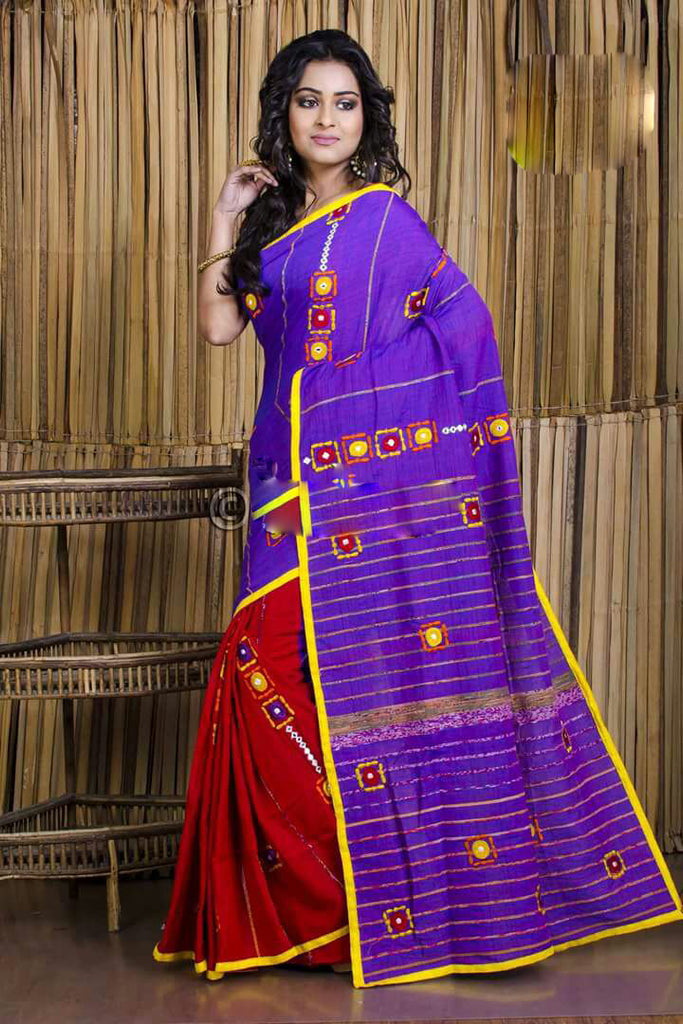 Blue Red Pure Cotton Khesh Sarees