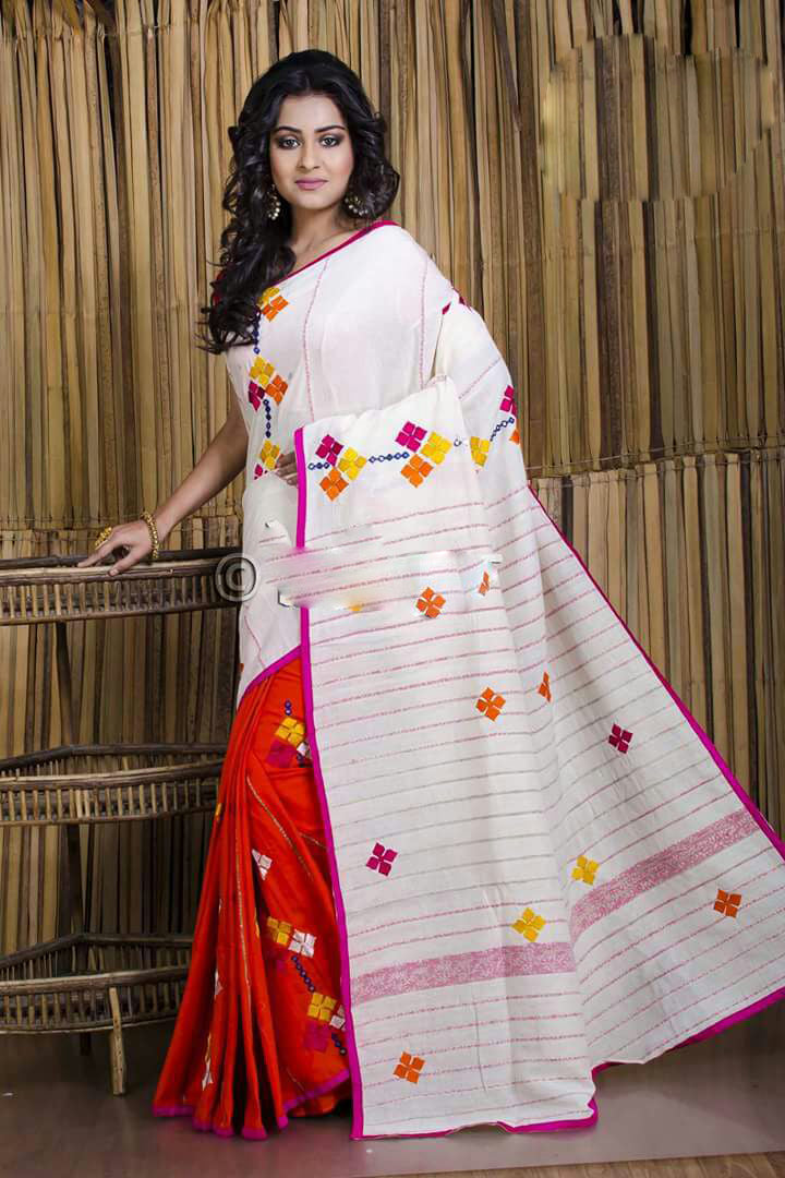 White Red Pure Cotton Khesh Sarees - Dailybuyys
