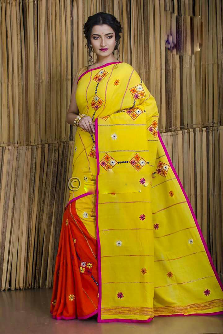 Yellow Red Pure Cotton Khesh Sarees - Dailybuyys