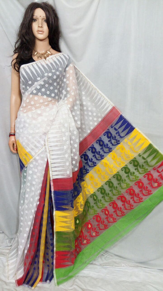 White Dhakai Jamdani Sarees - Dailybuyys