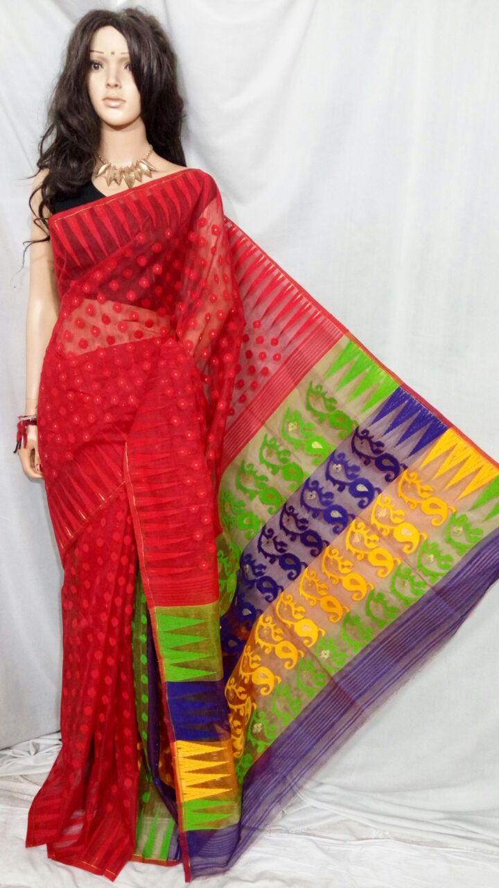 Red Dhakai Jamdani Sarees - Dailybuyys