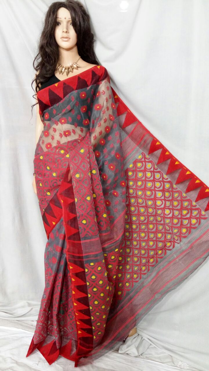 Red Dhakai Jamdani Sarees - Dailybuyys