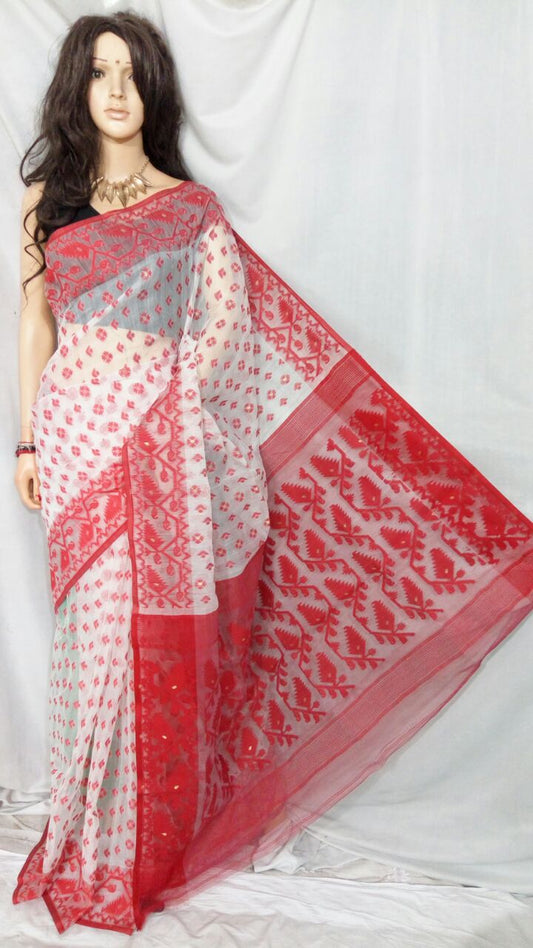 White Red Dhakai Jamdani Sarees - Dailybuyys