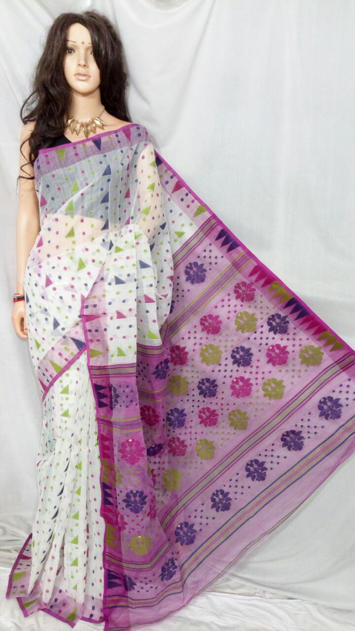 White Violet Dhakai Jamdani Sarees - Dailybuyys