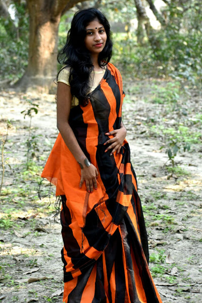 Orange Black Handloom Pure Cotton Silk Sarees