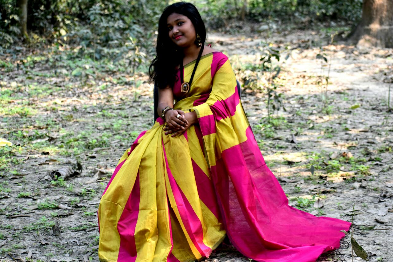 Yellow Pink Handloom Pure Cotton Silk Sarees - Dailybuyys