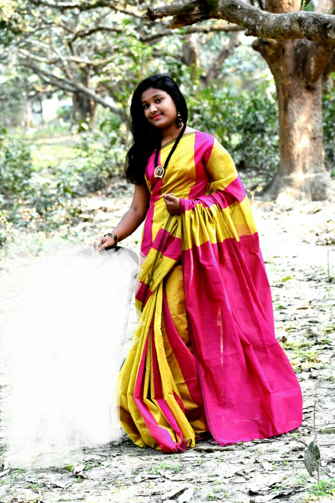 Yellow Pink Handloom Pure Cotton Silk Sarees