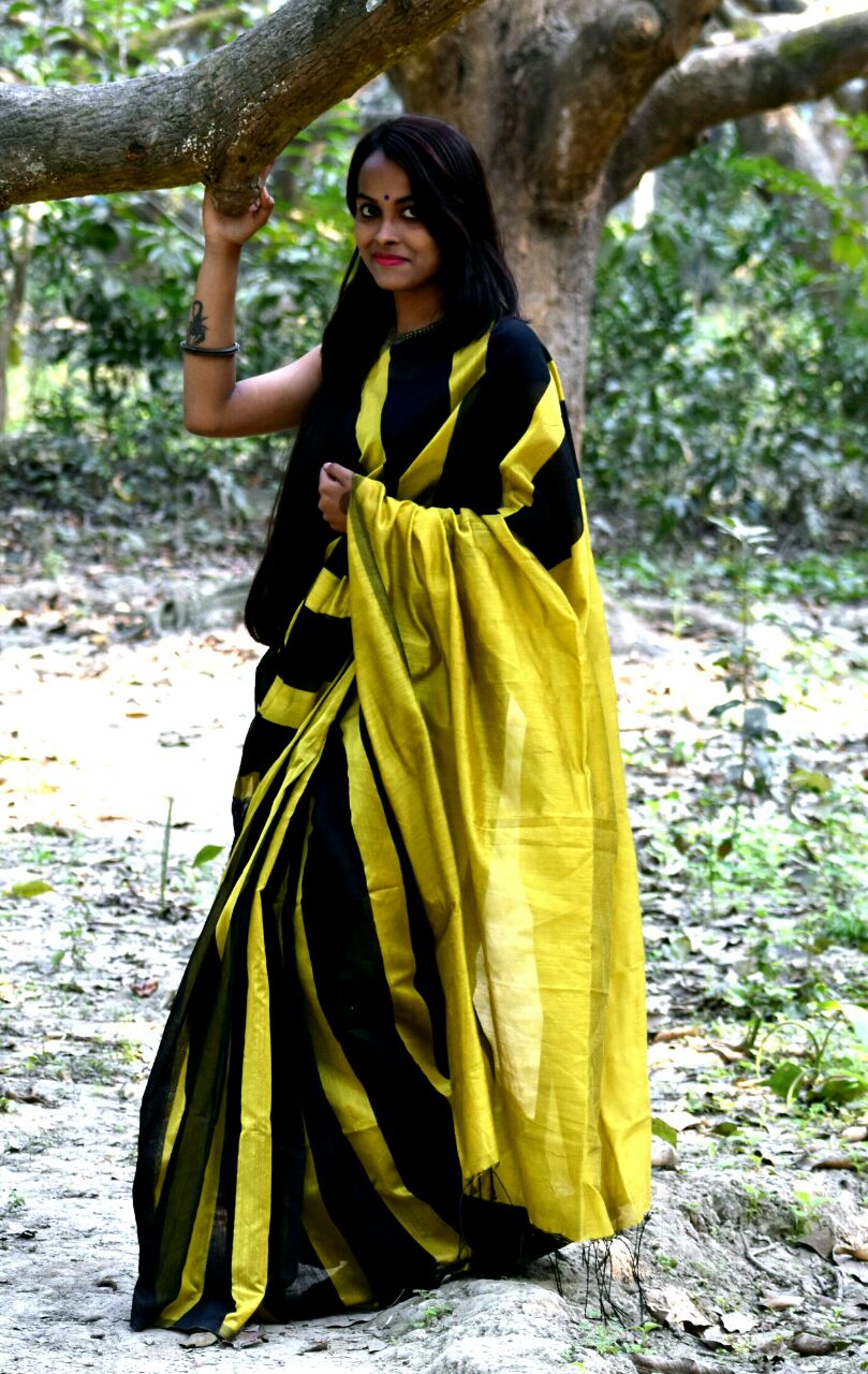 Black Yellow Handloom Pure Cotton Silk Sarees - Dailybuyys
