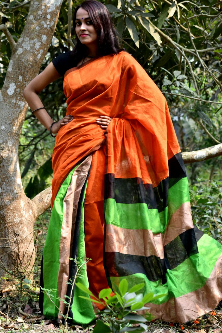Orange Green Handloom Pure Cotton Silk Sarees - Dailybuyys