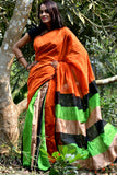Orange Green Handloom Pure Cotton Silk Sarees