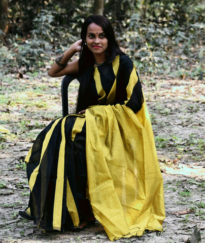 Black Yellow Handloom Pure Cotton Silk Sarees