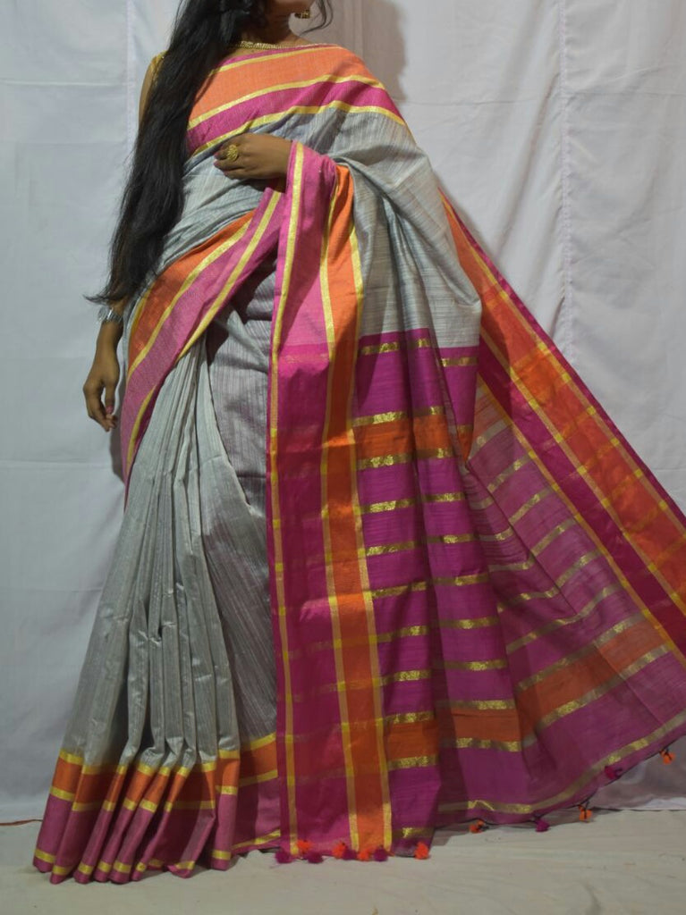 Grey Purple Bengal Handloom Khadi Sarees