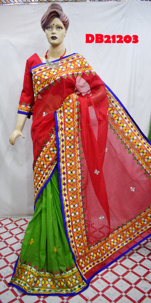 Red Green Kathiawari Sarees - Dailybuyys