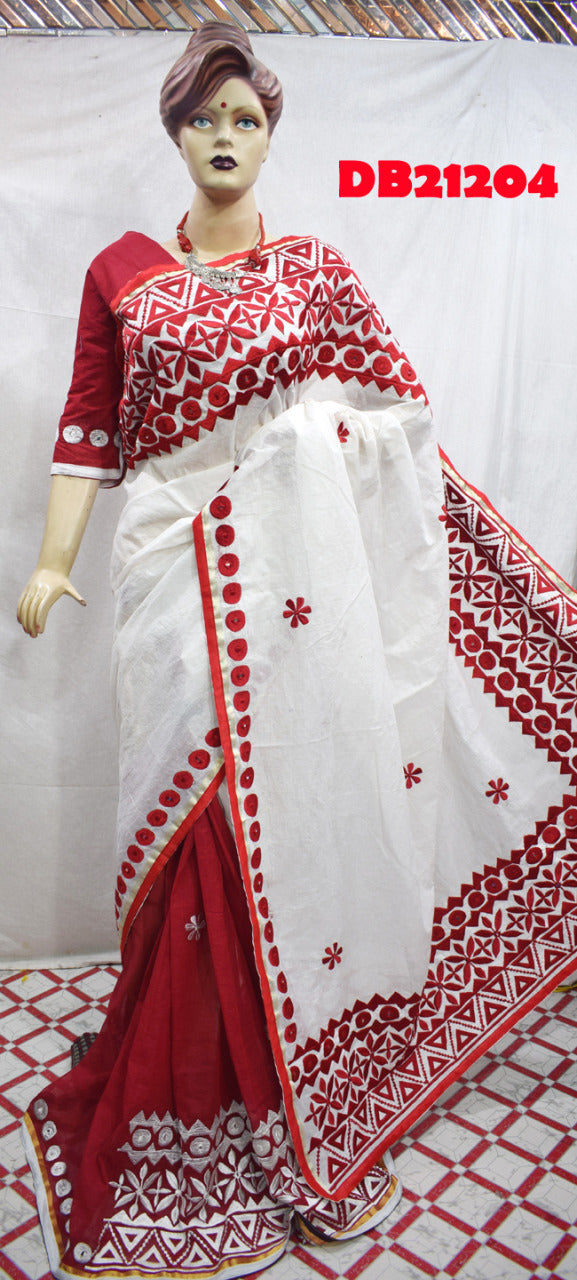 White Maroon Kathiawari Sarees - Dailybuyys