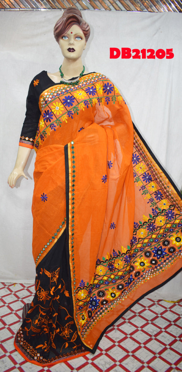 Orange Black Kathiawari Sarees - Dailybuyys