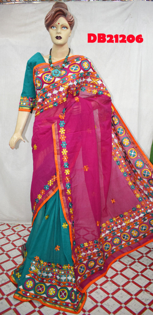 Pink Green Kathiawari Sarees - Dailybuyys