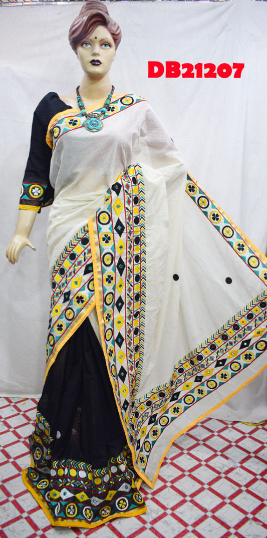 White Black Kathiawari Sarees - Dailybuyys