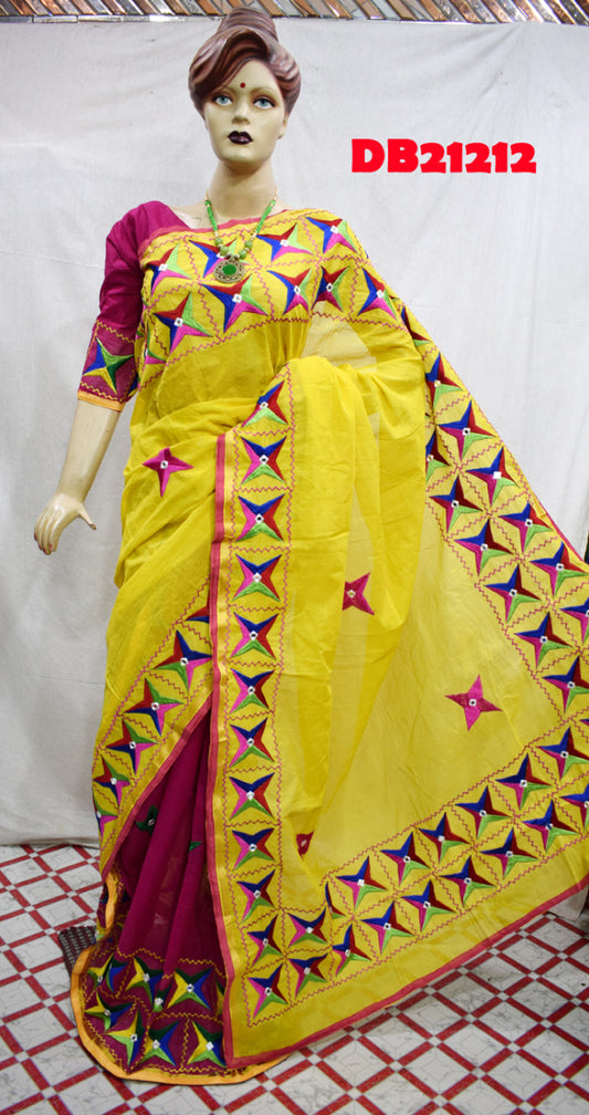 Yellow Maroon Kathiawari Sarees - Dailybuyys