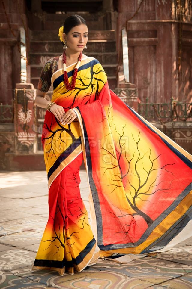 Red Yellow Kerala Pure Cotton Sarees - Dailybuyys