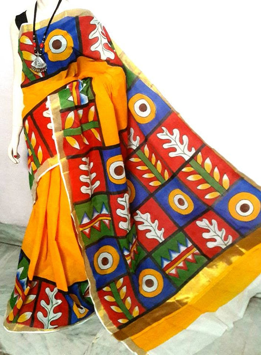 Yellow Kerala Pure Cotton Sarees - Dailybuyys