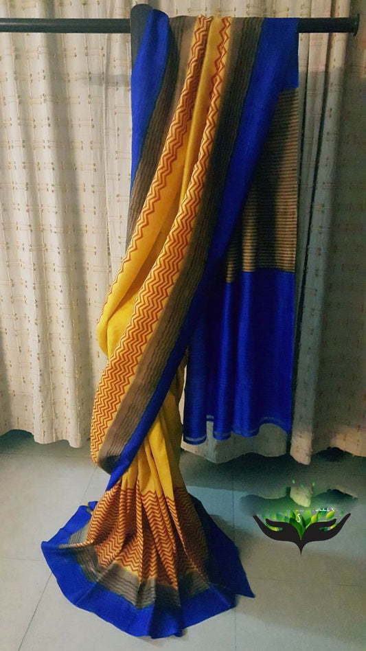 Yellow Blue Pure Silk Mark Certified Murshidabad Silk Sarees - Dailybuyys
