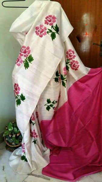 White Pink Pure Silk Mark Certified Murshidabad Silk Sarees