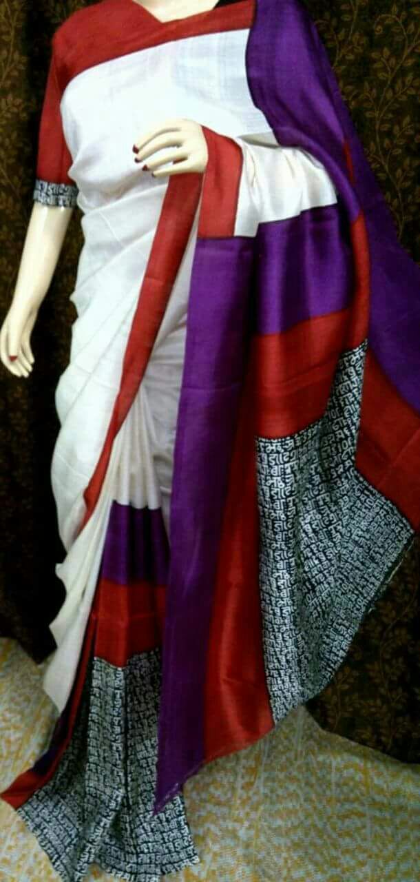 Maroon White Pure Silk Mark Certified Murshidabad Silk Sarees - Dailybuyys