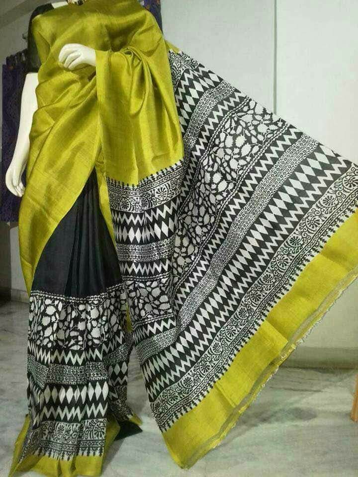 Green Black Block Printed Pure Silk Mark Certified Bishnupuri Silk Sarees - Dailybuyys