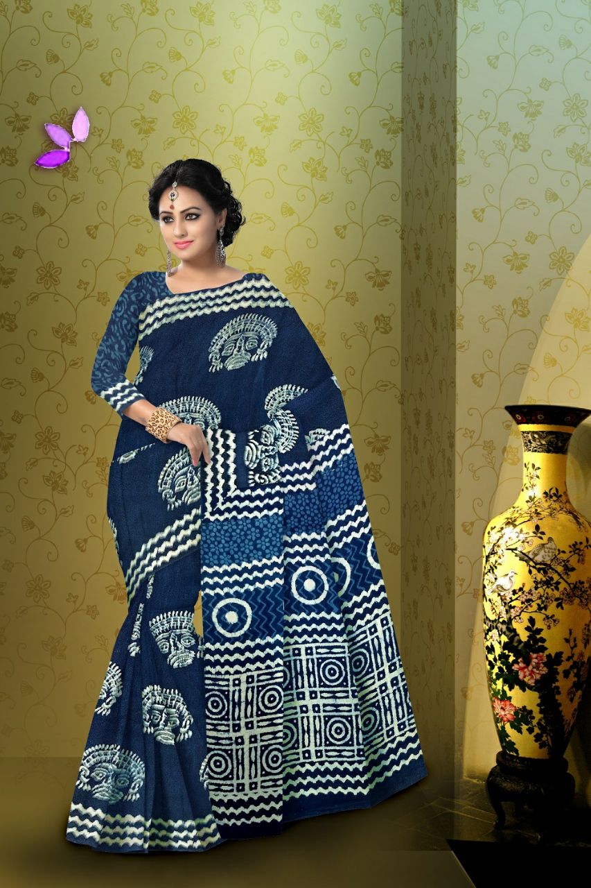 Blue Bagru Printed Pure Cotton Sarees - Dailybuyys
