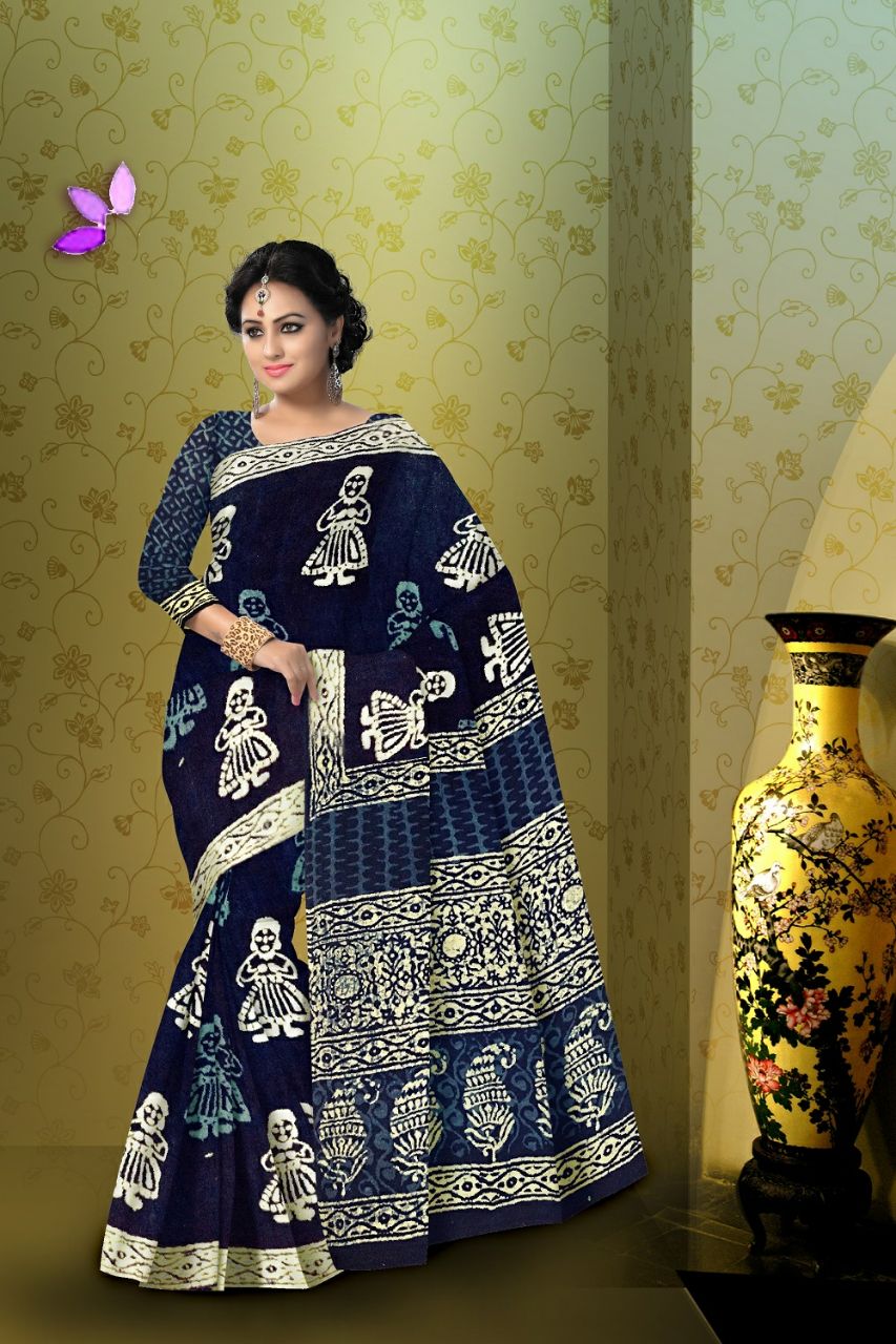 Blue Bagru Printed Pure Cotton Sarees - Dailybuyys