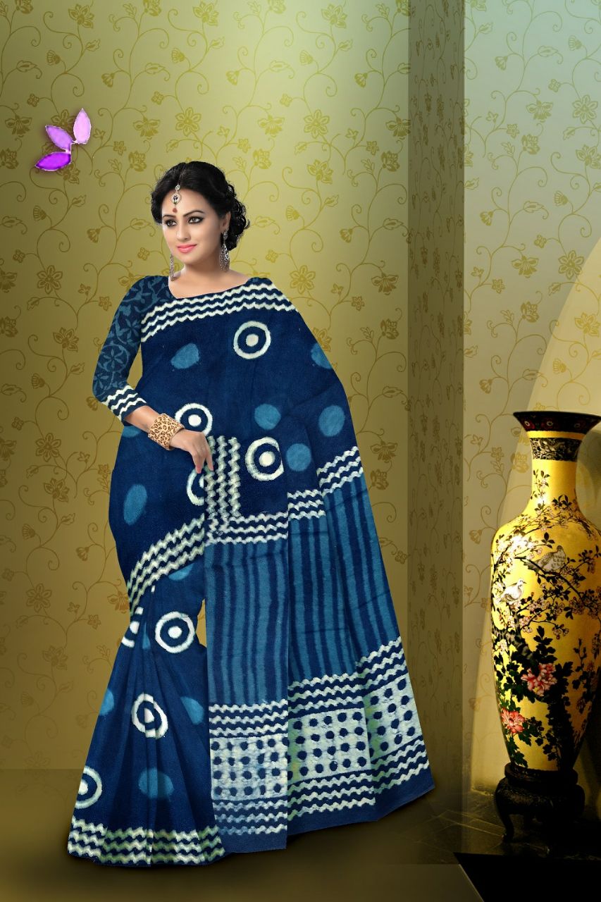 Blue Bagru Printed Pure Cotton Sarees - Dailybuyys