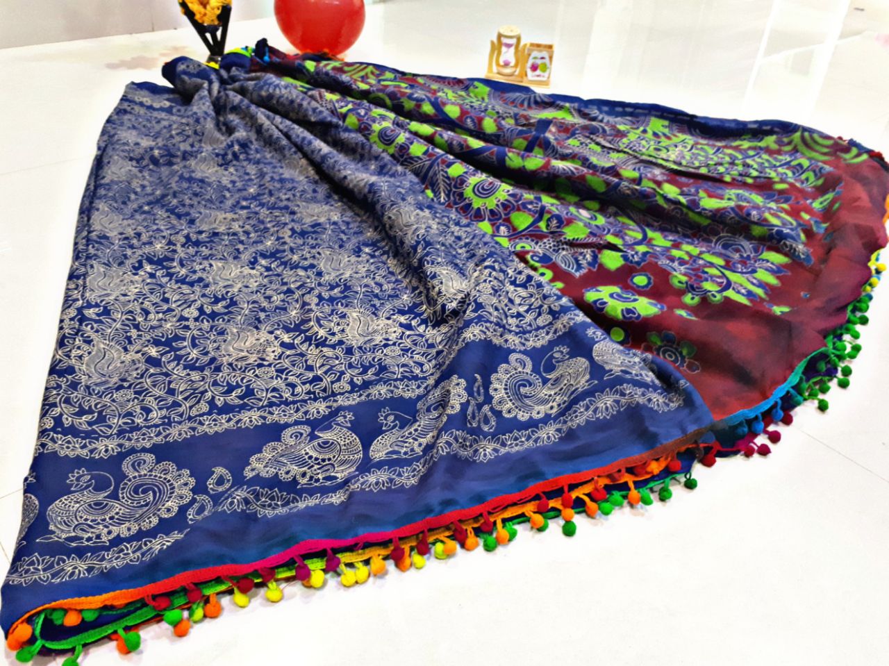 Blue Bagru Printed Pure Cotton Sarees - Dailybuyys
