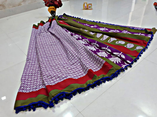 Violet Bagru Printed Pure Cotton Sarees - Dailybuyys