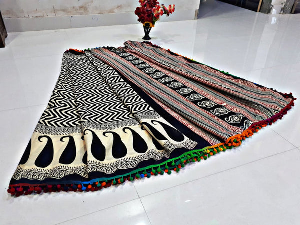 Black Beige Bagru Printed Pure Cotton Sarees