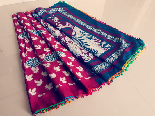 Purple Blue Bagru Printed Pure Cotton Sarees - Dailybuyys
