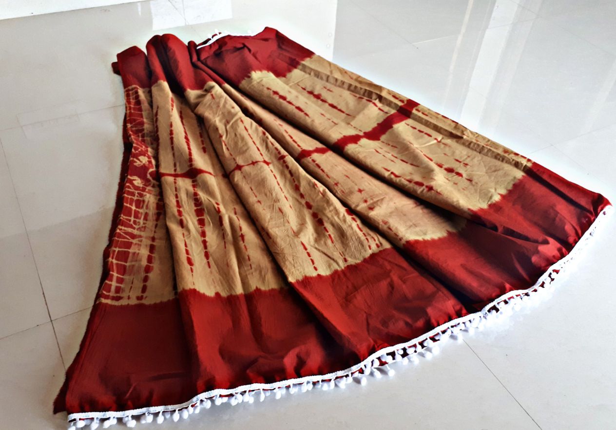 Maroon Bagru Printed Pure Cotton Sarees - Dailybuyys