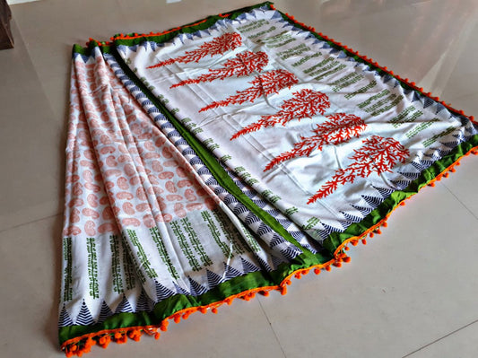 White Bagru Printed Pure Cotton Sarees - Dailybuyys