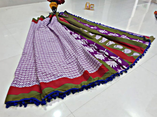 Violet Bagru Printed Pure Cotton Sarees - Dailybuyys