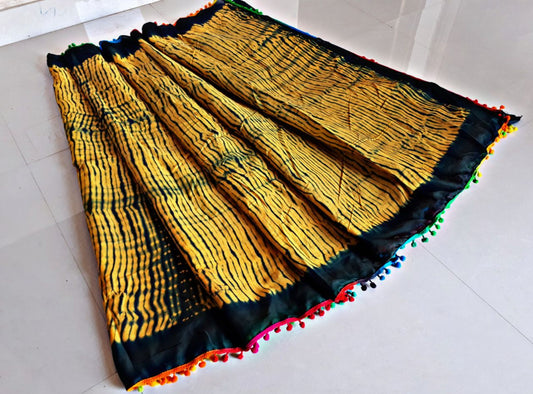 Yellow Bagru Printed Pure Cotton Sarees - Dailybuyys