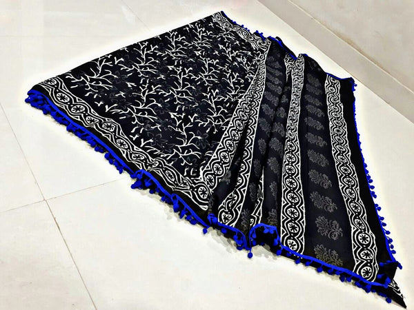 Black Bagru Printed Pure Cotton Sarees