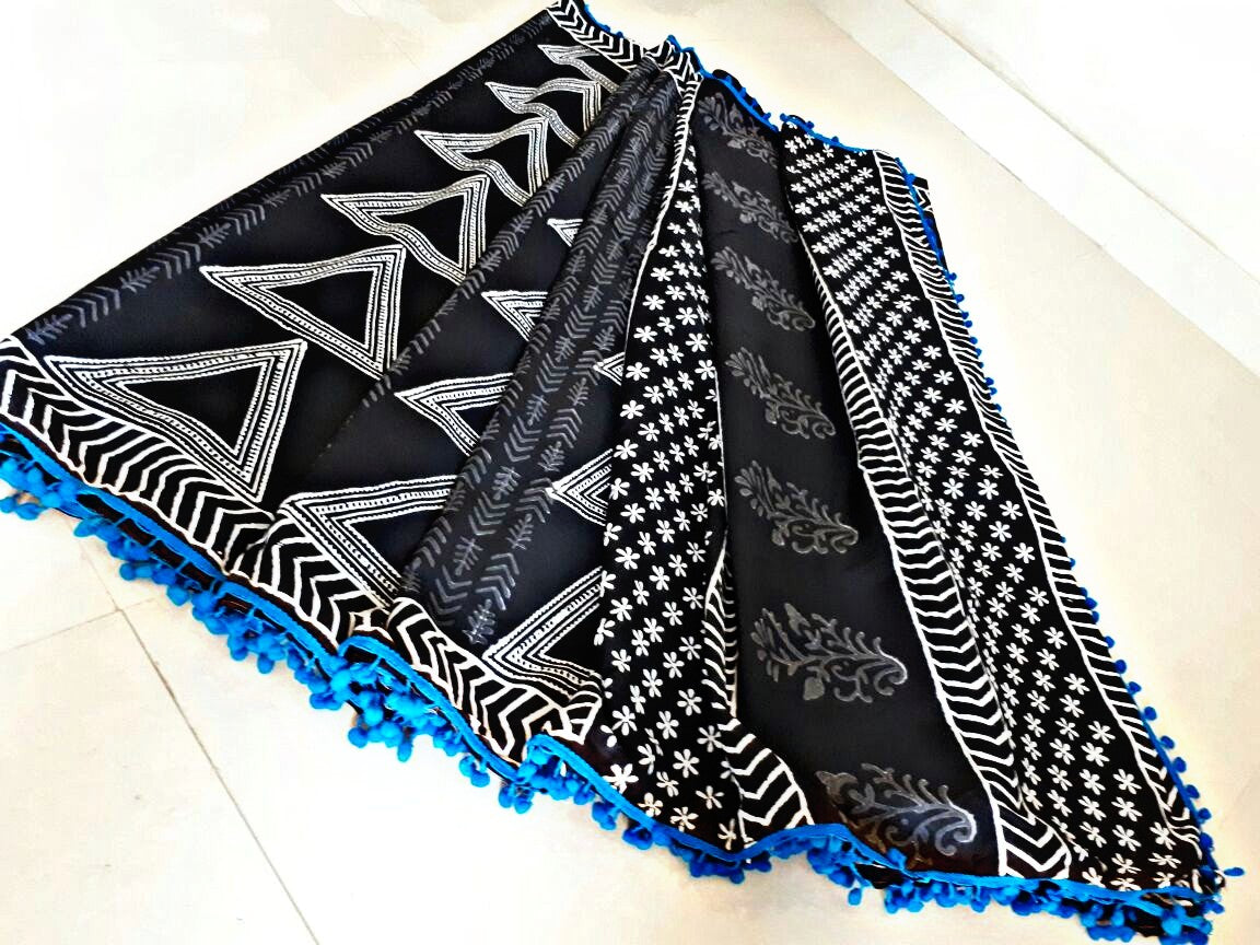 Black Bagru Printed Pure Cotton Sarees - Dailybuyys