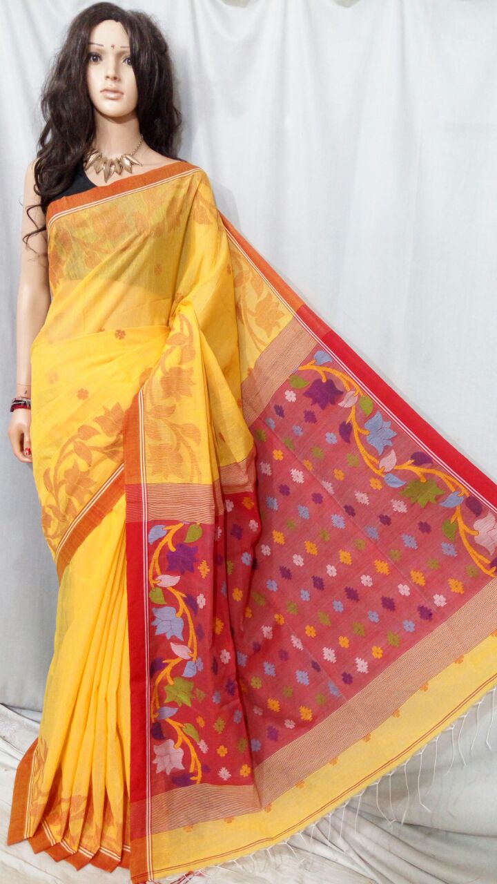 Yellow Pure Cotton Silk Sarees - Dailybuyys