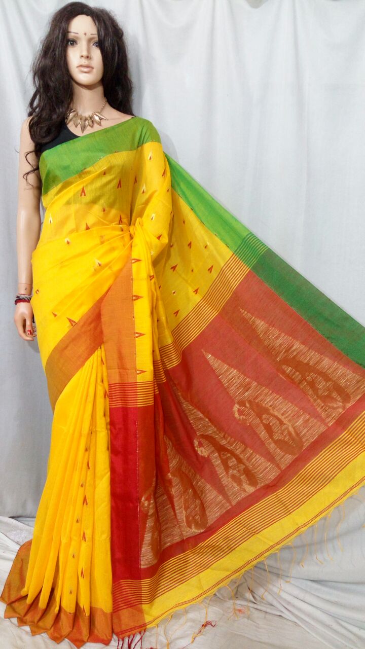 Yellow Pure Cotton Silk Sarees - Dailybuyys