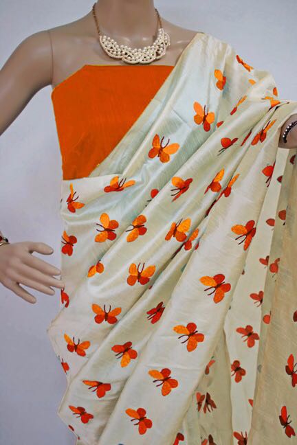 Orange Titli Chanderi Pure Cotton Sarees - Dailybuyys